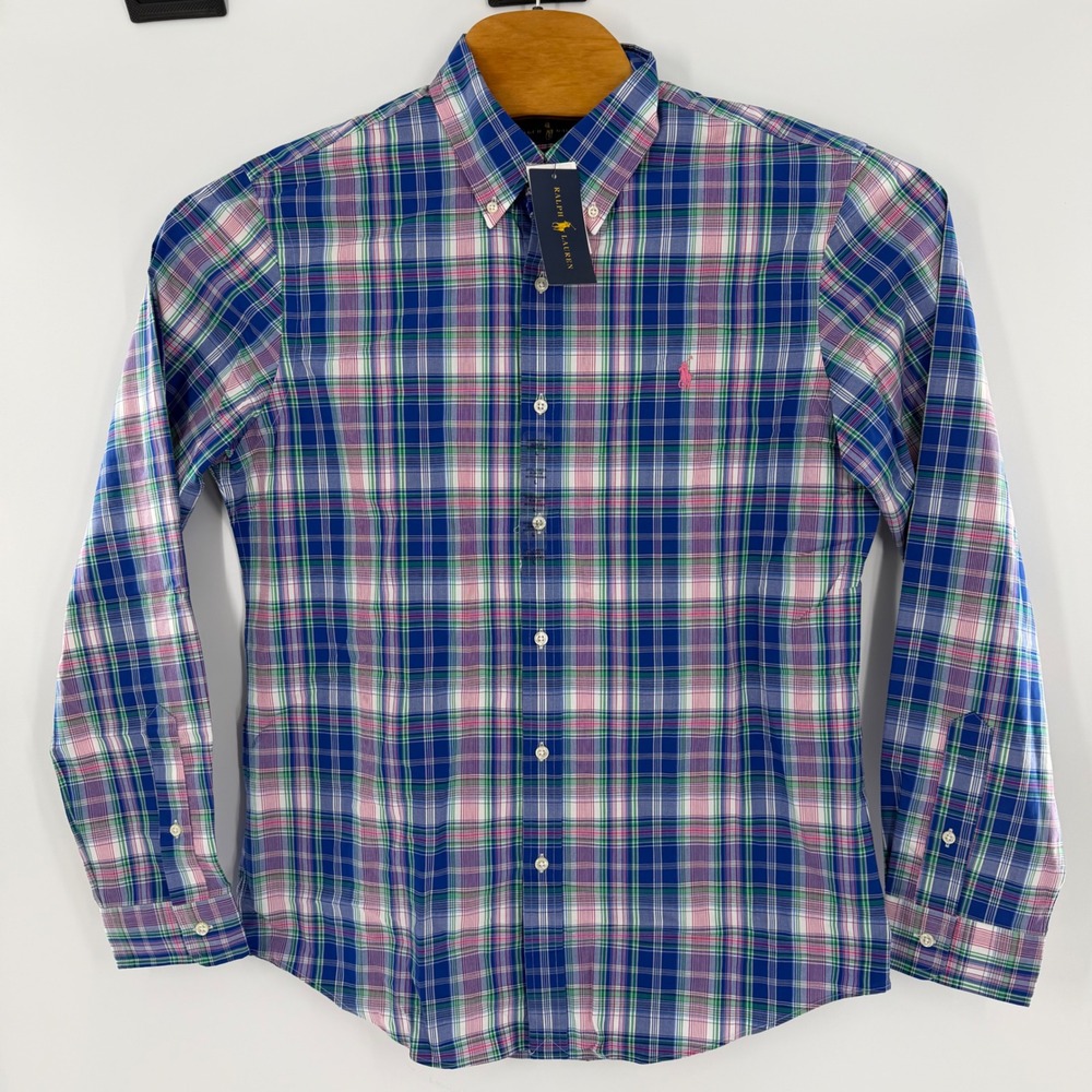 Polo Ralph Lauren Mens Slim Fit Plaid Button Down Shirt Blue Pink Green L NWT